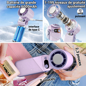 Ventilateur 6000mah 6,2 x 5,7 x 17,8 cm 199 vitesses pliable et portable conception anti-bruit affichage numérique intelligent